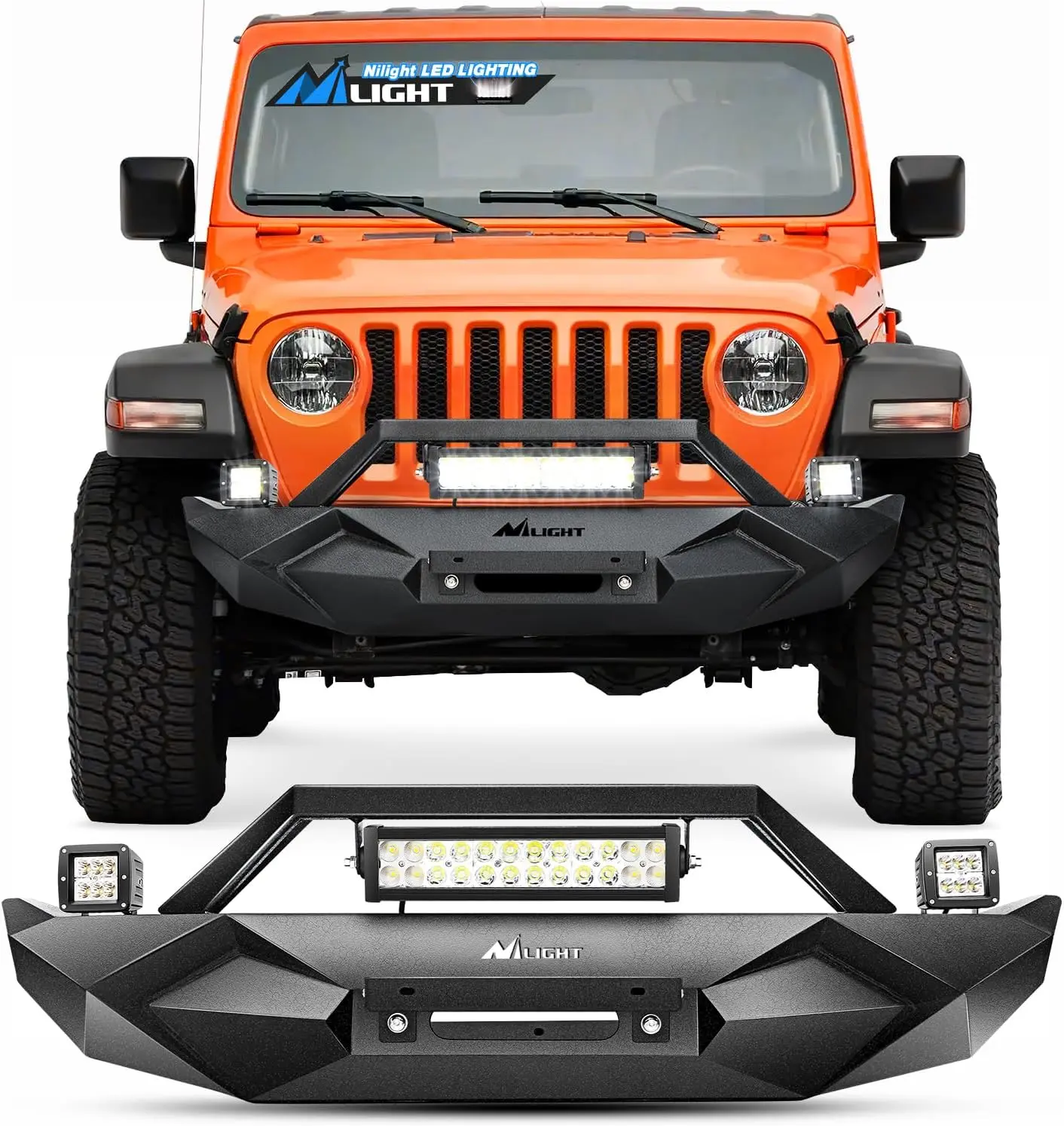 Nilight Front Bumper w/Winch Plate Compatible for 2018-2024 Jeep Wrangler JL with 72W LED light bar 2 x 18W LED Work Light Pod License plate bracket, Led Lights, Adventure Look