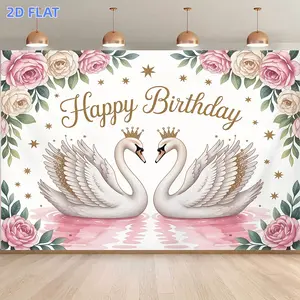 1pc 2D Flat Banner, Background Banner, Swan Floral Happy Birthday Romantic Themed Backdrop for Photos, Party Supplies, Event Decoration, Studio Props, Indoor Outdoor Backdrop, High Definition Photography Background,