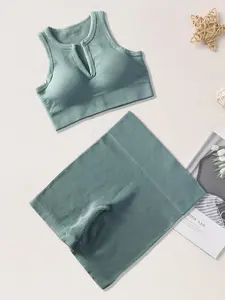 Two-Piece Set Women's Solid Notched Neck Bra & High Waist Shorts Tracksuit Set, Sporty Breathable Solid Color Sportswear for Yoga Gym Workout Running, Tracksuits for Summer, Workout Running Clothes, Gym Casual Wear, Gym Athletic Clothes