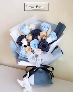 Cool Toned Mixed Floral Bouquet - 12 Blue Preserved Real Roses and Neutral Blooms