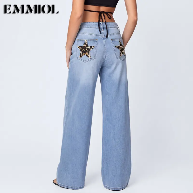 EMMIOL Jeans for Women Mid High Waisted Women's Jeans with Leopard Star Patches, Vintage Y2K  Pants【Back to School】