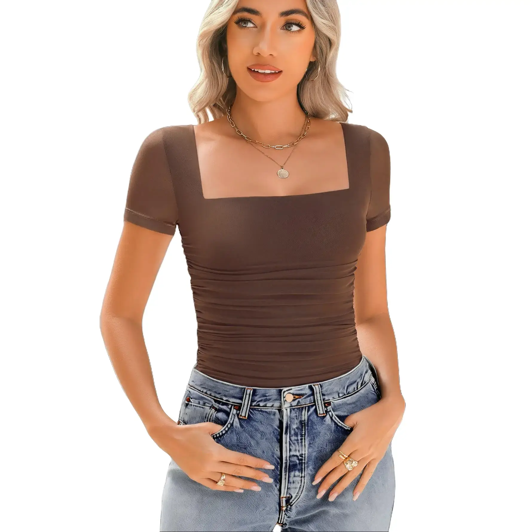 Avidlove Women's Square Neck Sheer Mesh Short Sleeve Bodysuit Ruched Going Out Sexy Thong Bodysuits Tops SpringStatements Basic