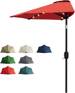 Patio Umbrella 9FT - Half Umbrella Outdoor with Solar LED Lights and Smooth Crank Lift, Outdoor Shade Canopy for Patio, Backyard, Garden, Deck, Balcony -Red