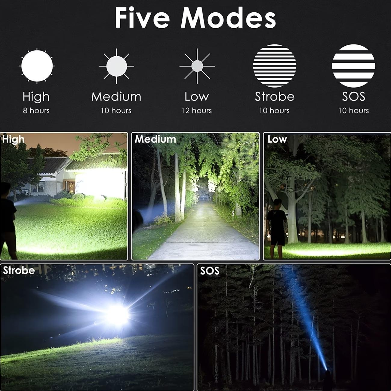 Rechargeable flashlight, high-brightness LED light, 5 modes, handheld design, battery life of more than 10 hours, aluminum alloy material, adjustable focus, suitable for camping, hiking, fishing, maintenance, night walking and emergency situations