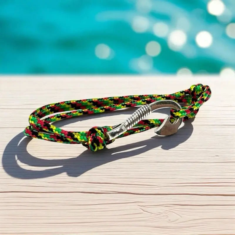Rasta Cord Fish Hook Wrap Bracelet - Colorful Rope Design with Secure Hook Attachment 5 Inch Wrist Size Perfect for Casual Wear