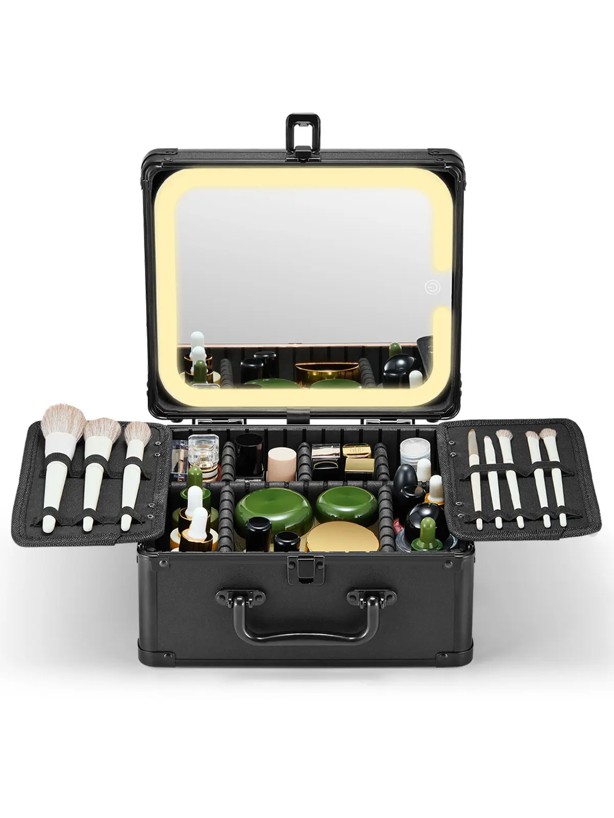 Qislee Portable Large Capacity Travel Makeup Box with LED Light, Waterproof Cosmetic Organizer, Brush Holder, and Adjustable Divider for Storage  Bag