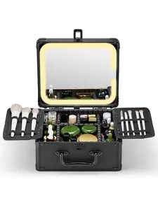 Qislee Portable Large Capacity Travel Makeup Box with LED Light, Waterproof Cosmetic Organizer, Brush Holder, and Adjustable Divider for Storage  Bag