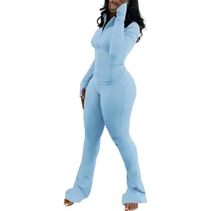 Women's Two-Piece Tracksuit Set Long Sleeve Zip-Up Short Jacket and Flared Pants with Pockets Workout Set