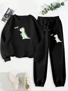 Two-piece Co Ord Set Women's Dinosaur Print Thermal Lined Sweatshirt & Elastic Waist Sweatpants, Casual Fashion Cozy Round Neck Long Sleeve Pullover & Pocket Jogger Pants for Daily Wear, Ladies Fall & Winter Clothes, Womenswear