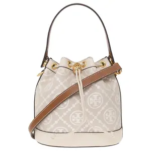 Tory Burch T Monogram Embossed Drawstring Bucket Bag with Detachable Strap and Jacquard Leather Trim in Almond White for Women