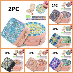 2-piece set of diamond painting set jewelry box, mandala pattern, non-woven fabric material with painted crystal gemstone mosaic process, suitable for earrings, rings, bracelets, necklaces and other small objects storage, Diamond Painting Kit