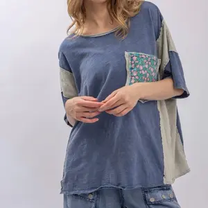 Wanderlust Peace Tee - Denim with Floral Pocket Design for Women