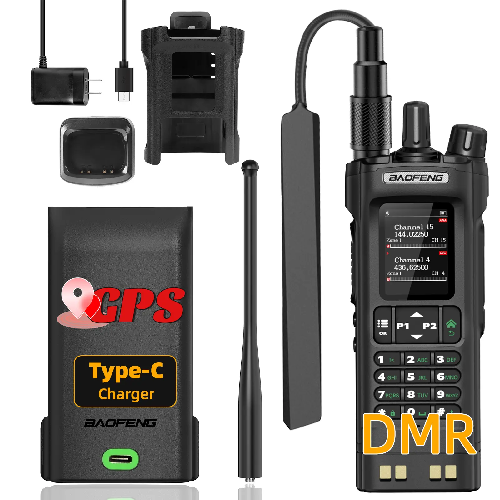 BAOFENG DMR Ham Radio DM32 Rechargeable Long Range DM 32UV Walkie Talkies NOAA Weather Radio with GPS Two Way Radio DM-32 Copy Frequency 2500mAh Battery USB-C Charging with Radio Holster