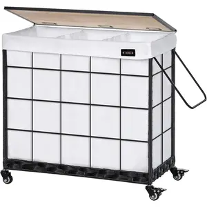 Laundry Hamper with Duty Caster Wheels; 3 Sections Clothes Hamper with Lid; 132L Laundry Basket with Removable Liner Bag; Laundry Sorter with Handle (White)