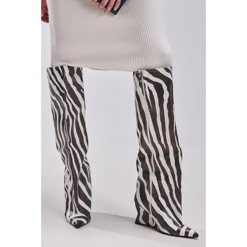 AZALEA WANG KENYA ZEBRA KNEE HIGH WEDGE BOOT