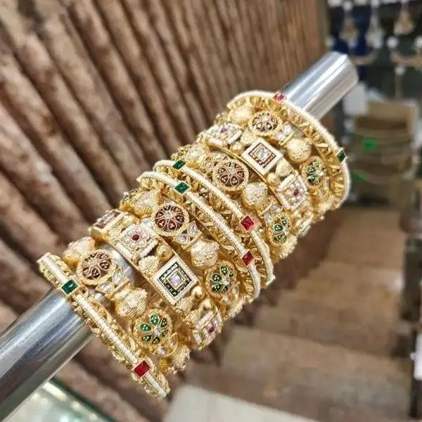 Gold Red Green Rajwadi Set - Elegant Kundan Moti Stone Bangles & Kada for Wedding Bridal Occasions