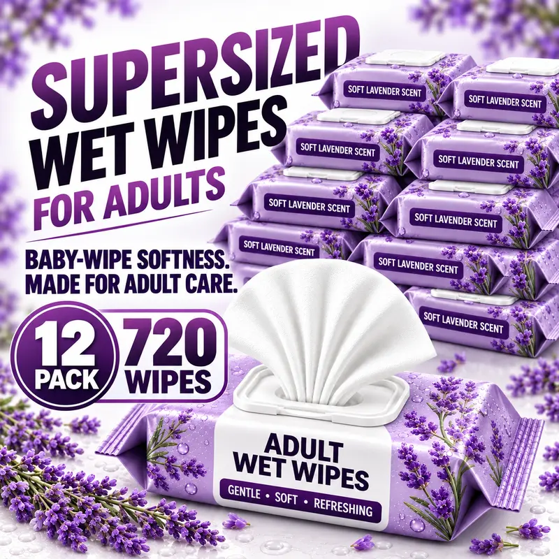 Opteel Supersized Adult Wet Wipes – Soft Lavender Scent, Baby Wipe Softness, Extra Large 8"x13" Cloth-Like Wipes for Personal Cleansing – 720 Wipes (12 Packs of 60)