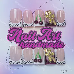 Delicatething Y2K Style Nail Set, Handmade Zebra Stripes, Cross, French Design, Nail Art Design, XS-S-M-L Sizes, Perfect Gift for Girls, Nail Tips Kit