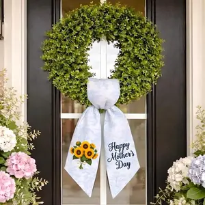 Happy Mother's Day Wreath Sash Blue Toile Sunflower Pattern Monogrammed Door Decor Personalized Spring Porch Decoration Gift for New Mom