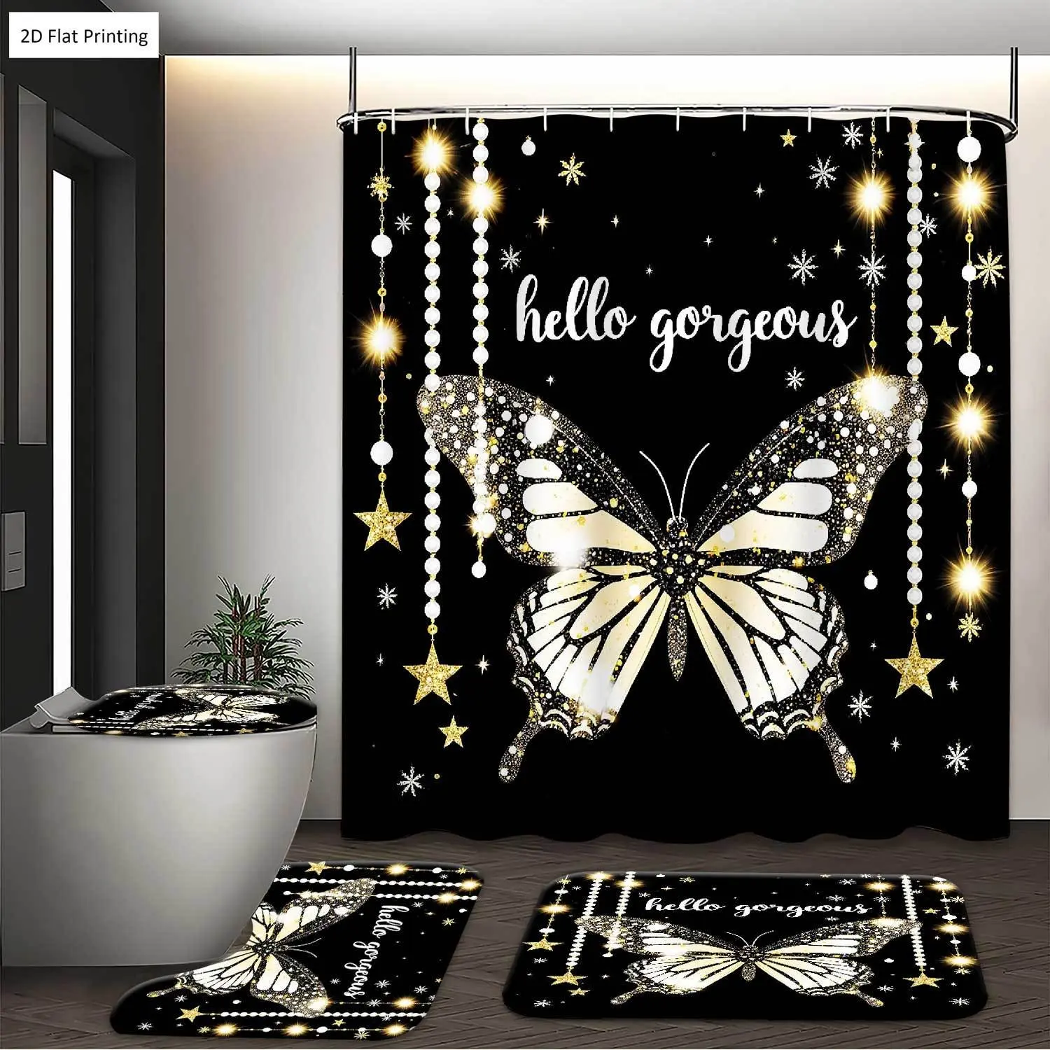 2D Flat, 4pcs Set of Butterfly, Star, and Pearl Beaded Shower Curtain with Glitter on a Black Background, Including a Non-slip Bath Mat, U-shaped Floor Mat, Toilet Lid Cover, and a Bathroom Set with Shower Curtain and Floor Mats, Home Bathroom