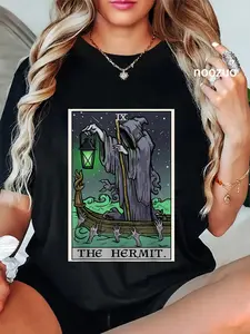 100% Cotton The Hermit Tarot Card Gothic Halloween Grim Reaper Horror T-Shirt