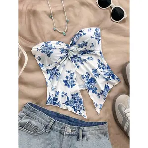 Women's Vacation Floral Print Halter Crop Top With Front Slit, Comfortable Chiffon Top, Suitable For Afternoon Tea, Graduation, Casual Wear, Beach, Party