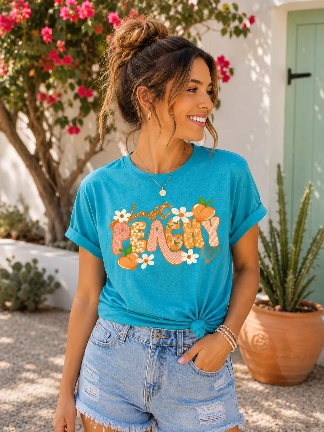 Just Peachy Graphic T-Shirt for Women | Cute Summer Peach Tee | Casual Boutique Graphic Shirt