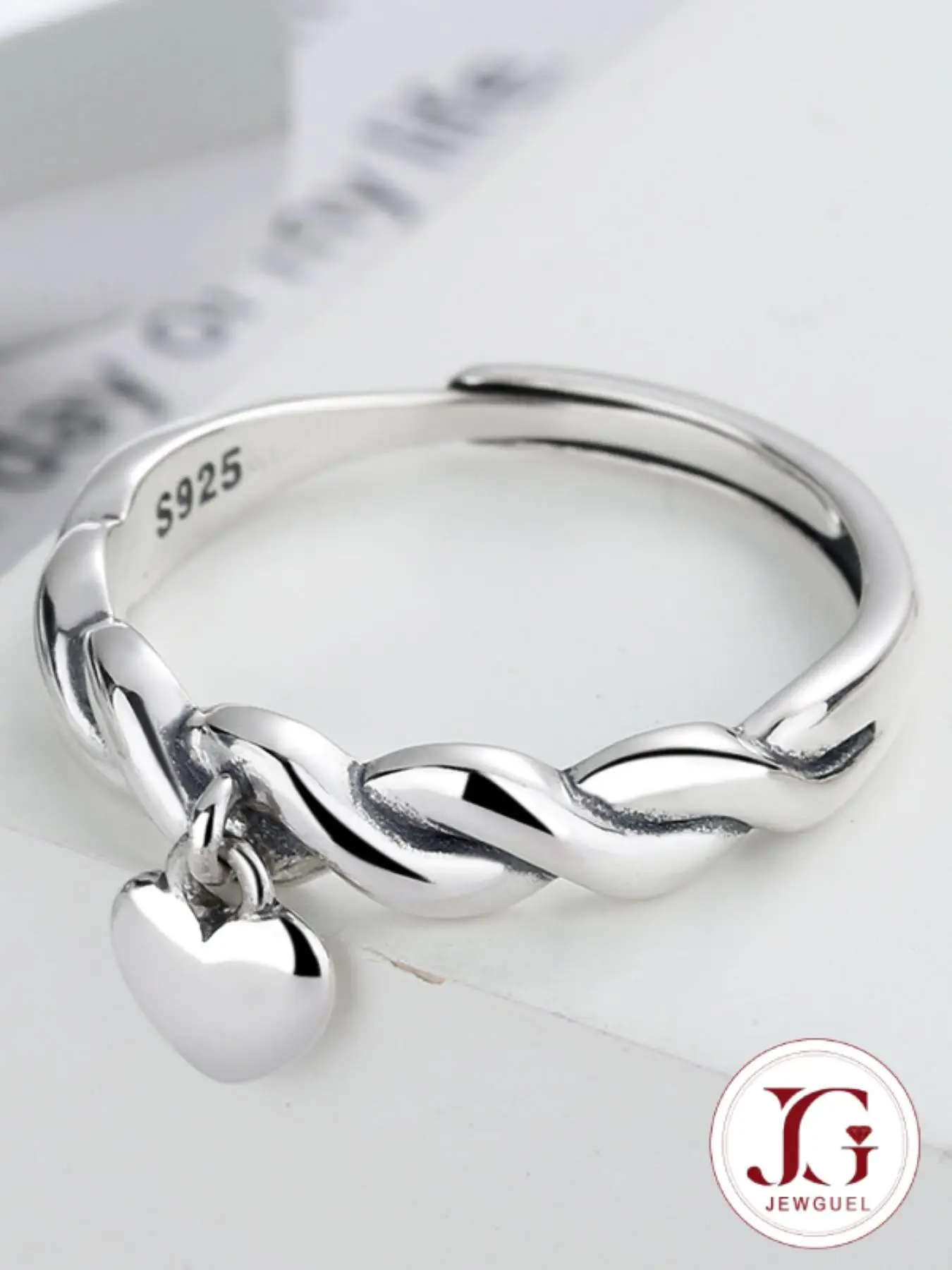 925 Sterling Silver Cute Twist Heart Design Cuff Ring, Adjustable Open Ring for Women & Girls, Fashion Jewelry for Party, Daily Decor, Trendy All-matc