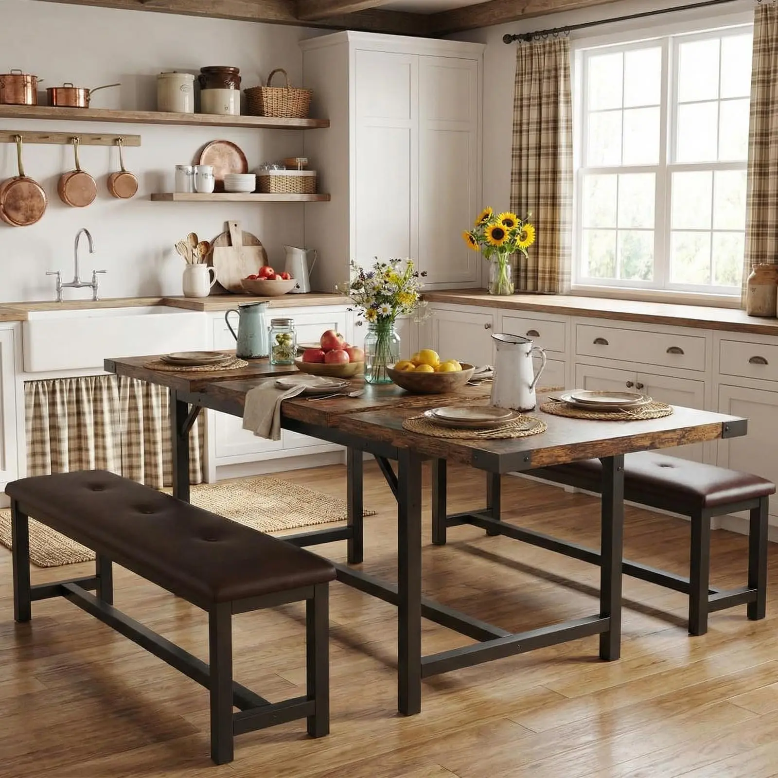 Garvee 5 Piece Extendable Dining Table Set for 4-6, Kitchen Table & 2 Upholstered Benches w/ Metal Corner Protector, Dining Room Table Set for Small Space, Apartment, Easy Assemble, Retro Brown