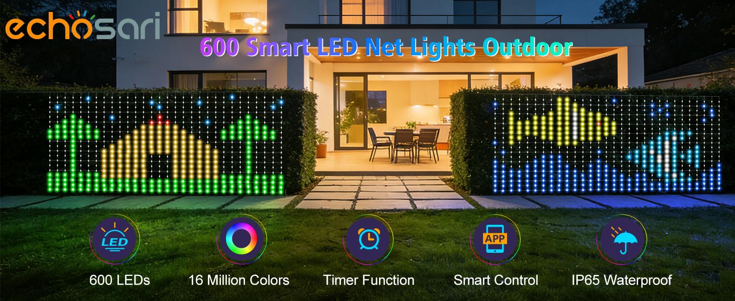 Echosari RGBIC Smart LED Mesh Net Lights Outdoor, 600 LEDs (3.7×9.5ft), App + Remote Control, DIY Patterns, Music Sync, IP65 Waterproof, Color Changing, AI Lighting Effects, Fast Setup for Backyard Gatherings Bush Patio Decor, Ac Power Supply