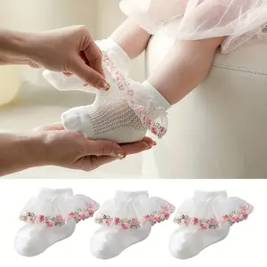 3 Pairs Floral Embroidered Mesh Lace Socks, Princess Socks, Lace Socks, Elegant-End