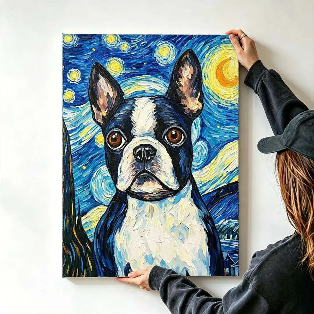 Van Gogh Starry Night Style Boston Terrier Durable Fade-Resistant Wood-Framed Canvas Wall Art - Art Illustrations, Animal Decor, Ready-to-Hang for Living Room, Bathroom, Gift for Boston Terrier Owners