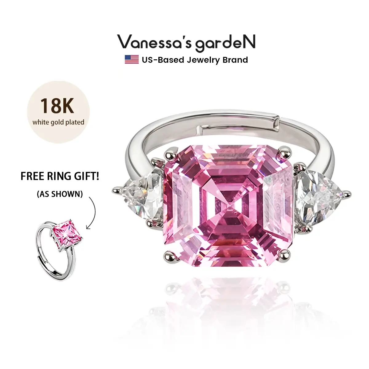 Vanessa's gardeN 18K White Gold-Plated Pink Small Wing 3-Stone Adjustable Ring | Pink Halo Collection | gifts for her