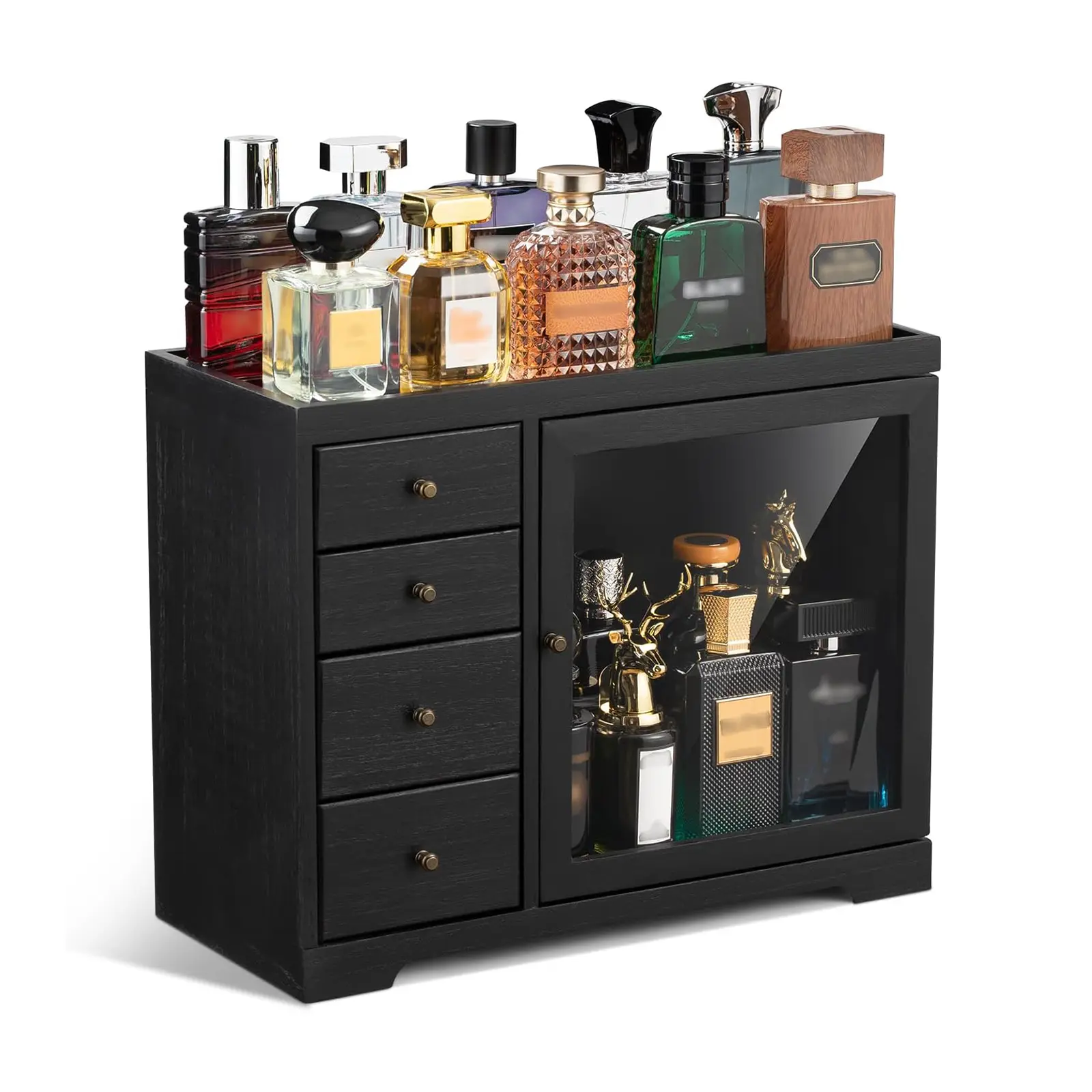 Cologne Organizer for Men, 5-Tier Wooden Perfume Organizer with Dustproof Acrylic Door and 4 Drawers, Large Capacity Cologne Stand for Dresser, Gift for Him