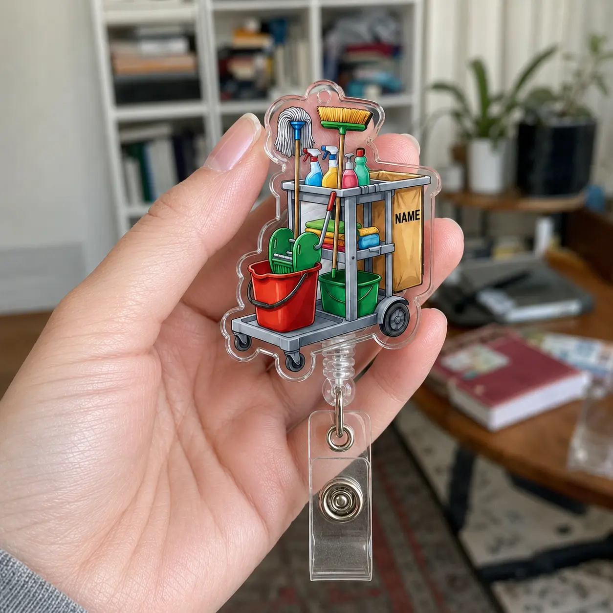 Cleaning Cart Badge Reel, Clear Acrylic Retractable Badge Clip for Custodian Housekeeping EVS Maintenance Staff