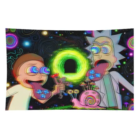 Rick and Morty Psychedelic Cartoon Tapestry Wall Hanging Art For Bedroom Dorm Room Decor Featuring Surreal Characters And Vibrant Colors Cosmic Design With Snail And Worm Motifs