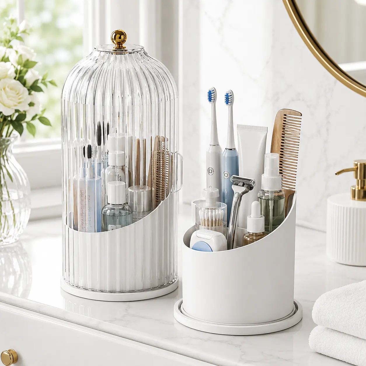 360-Degree Rotating Dustproof Makeup Brush Organizer with Cover, 3-Slot Clear Vanity Storage for Brushes, Lipsticks and Beauty Tools