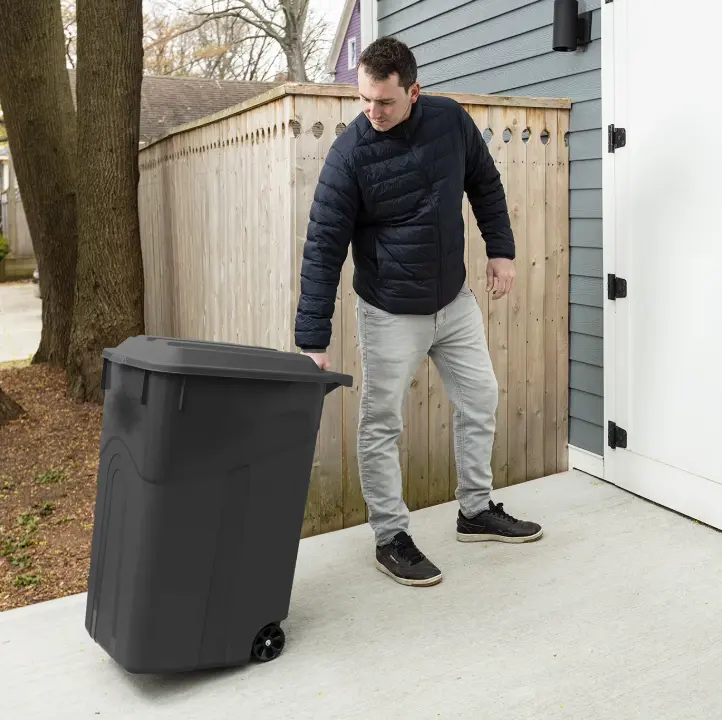 Hyper Tough 45 Gallon Wheeled Heavy Duty Plastic Garbage Can, Attached Lid, Black