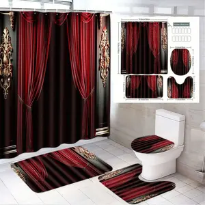 1/4pcs Luxury Bathroom Decor Set, Bathroom Accessory with Black and Burgundy Velvet Shower Curtain, Baroque Gold Accents, Soft Contour Toilet Seat Cover, and Bath Mats - Perfect for Holiday Glam and Modern Elegance in Any Bathroom