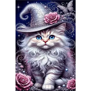 1PCS Magical Wizard Cat Diamond Painting Kit with Sparkling Roses and Butterfly DIY Rhinestone Art for H