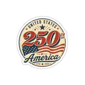 America 250th Anniversary Die-Cut Sticker, United States Bicentennial Style, Waving Flag Design, Matte Finish, Bold Retro Numerals, for Cooler Decor & Backyard Barbecues