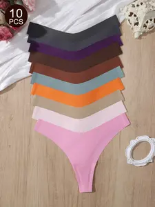 10PCS Women's Thong Underwear Set, Ultra-Soft Elastic Low Waist Design, Plain Fitted Style, All Season Comfortable Daily Wear, Soft Comfy Panties
