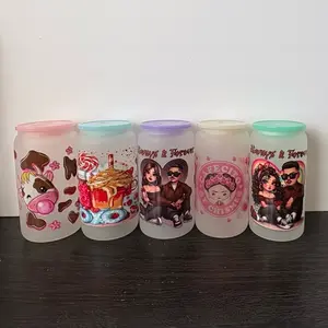 5pcs-16oz Frosted sublimation glass cups with acrylic colored lids bundle Drinkware set available Bottles Tumblers Bottles Tumblers
