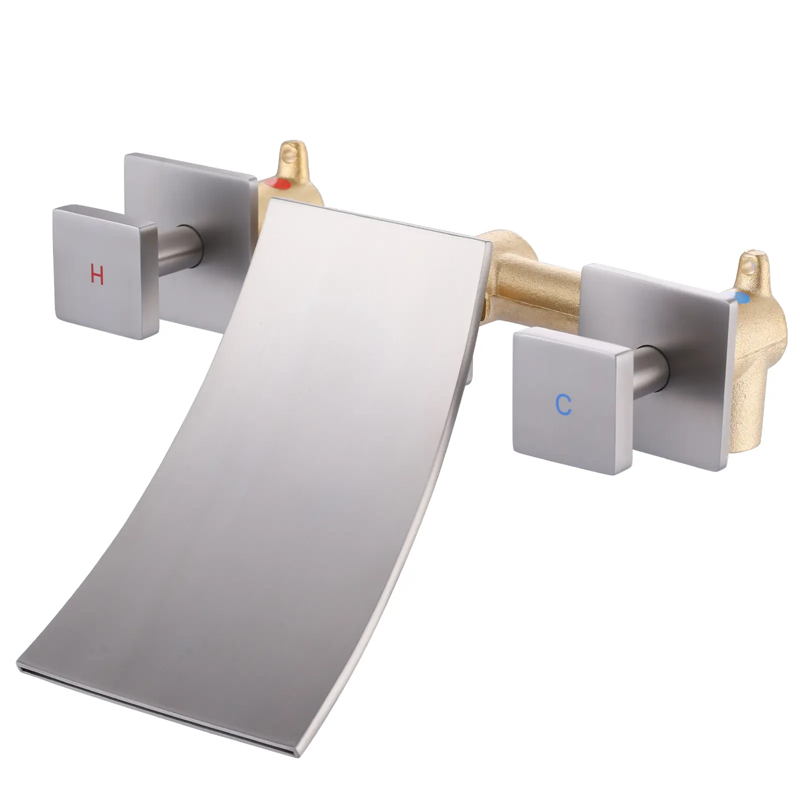 WOWOW Classic Brass Wall-Mount Bathtub Faucet - 3-Hole Dual-Handle Bath Filler for Indoor Bath, Glam Brushed Nickel Finish, Waterfall Spout, Easy Install, Gentle & Continuous Water Flow, Temp Control, Spacious Water Dispensing Area, Bathing, Npt Threads