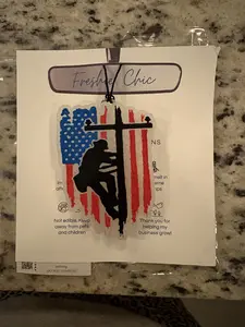 American Lineman Freshie- Black Frost scented car air freshener with lineman and American flag design