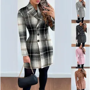 Autumn And Winter Long Sleeved Double Breasted Suit Collar Printed Small Jacket For Women, Pink And Khaki Checkered Suit Jacket Slim Fit Mid Length Skirt