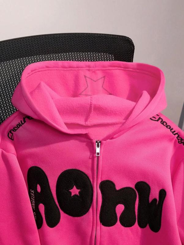Hot Pink Zip Up Hoodie . Star Patch “New York” & Bold Black Letter Graphic . Trendy Y2K Streetwear Jacket . Encourage Embroidery Detail . Soft Fleece Aesthetic Hoodie for Women