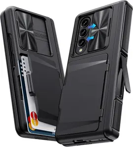 for  Galaxy Z Fold 4 Case with Card Holder & Kickstand & Hinge Protection & Slide Camera Cover & Built-in Screen Protector, Rugged Phone Case for Galaxy Z Fold 4 2022 (Black)