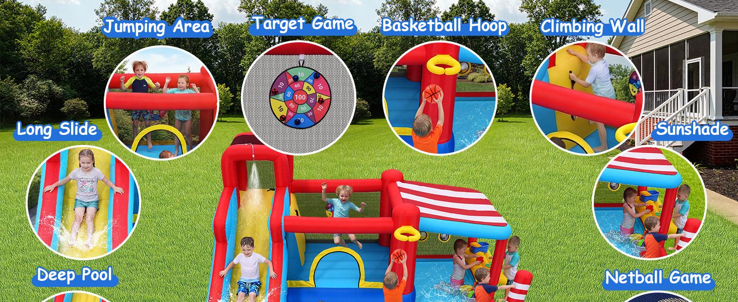Whubefy Inflatable Bounce House, All-in-One Water Slide Play Park, Wet & Dry Use, Giant Jumping Area, Climbing Wall, Water Guns, Boxing Bag, Ring Toss Games, Included Air Blower, Outdoor Fun, Perfect Birthday Party Gift for Kids
