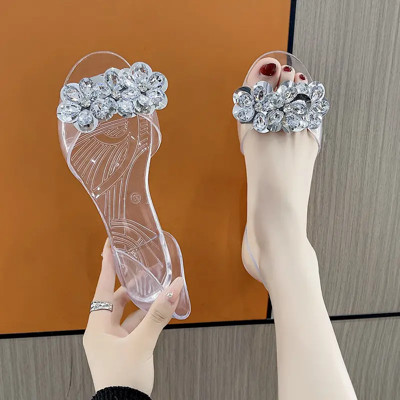 Women's Glitter Transparent Jelly Sandals, Crystal Peep-Toe Flat Slip-Ons, Sparkly Summer Jelly Shoes for Beach & Vacation Wear, Women's Jelly Sandals
